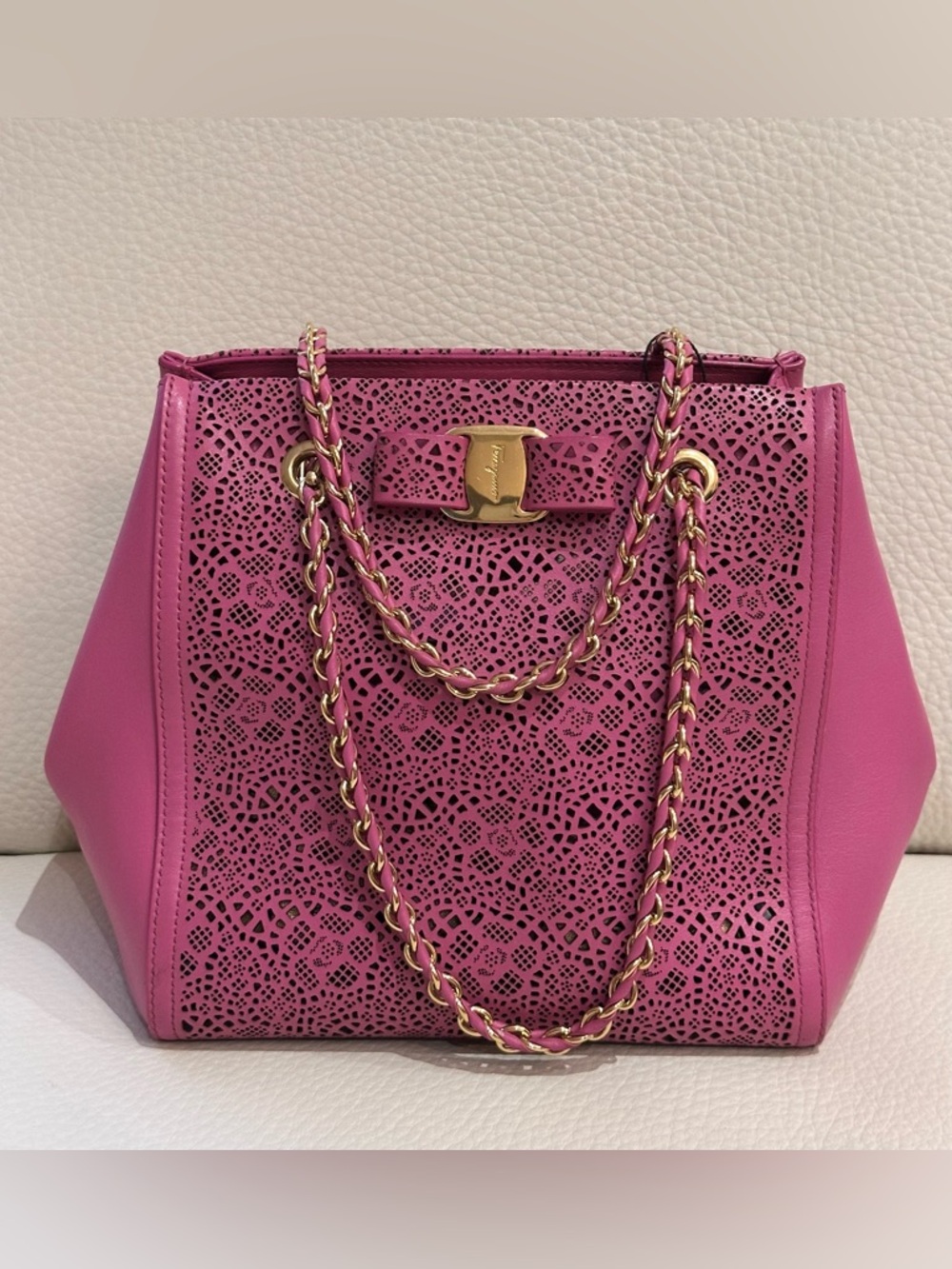 Salvatore Ferragamo Pink Laser-Cut Crossbody with Gold Chain Accent